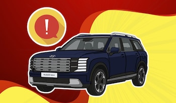 Ilustración de un vehículo utilitario deportivo Hyundai Palisade Hybrid azul oscuro. Un icono de exclamación en un círculo se ubica en el fondo rojo y amarillo