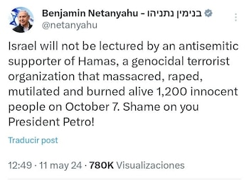 Pronunciamiento de Benjamin Netanyahu contra el presidente Gustavo Petro - crédito @netanyahu/X