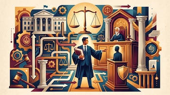 Ilustración de un abogado con un libro, un juez en un estrado, balanzas de la justicia, mazos de madera, columnas y engranajes.