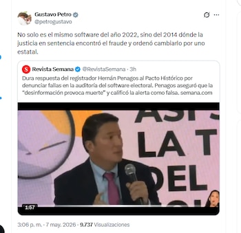 El presidente Gustavo Petro criticó el software que tiene la Registraduría y que utilizará para las elecciones presidenciales del 31 de mayo de 2026 - crédito @petrogustavo/X
