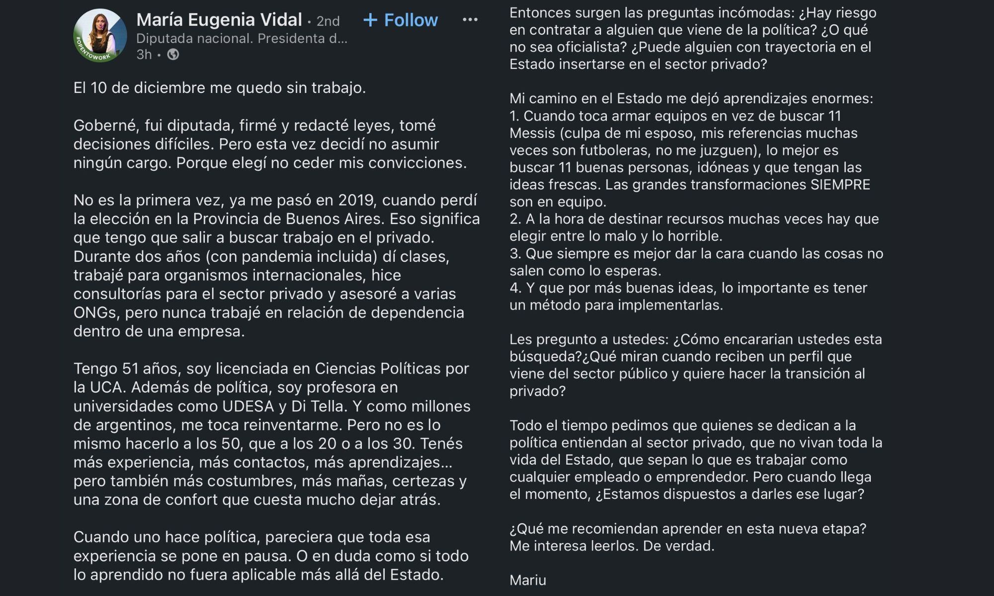 El Mensaje de María Eugenia Vidal en redes sociales
