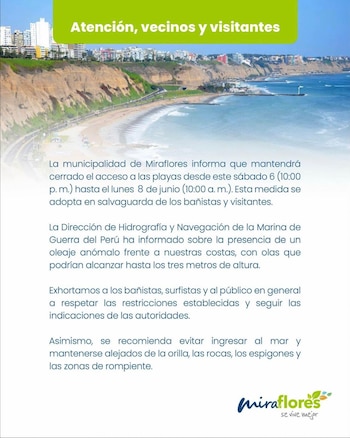 Vista aérea de la costa de Miraflores con acantilados, playas, olas del mar y edificios al fondo. Contiene un banner verde y texto informativo