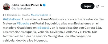 La alteración del orden público en el cruce con la carrera 62A derivó en la suspensión de recorridos entre Soacha y el sur de Bogotá, además del cierre temporal de varias paradas del corredor - crédito captura de pantalla @JulianPericoJr / X