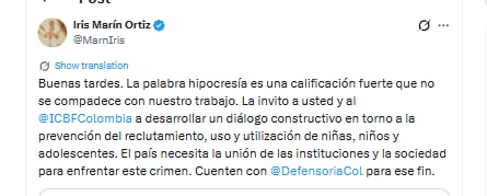 Esta fue la respuesta de la defensora del Pueblo Iris Marín - crédito @MarnIris/X