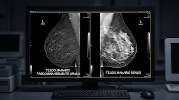 Un monitor médico muestra dos mamografías en escala de grises con los textos tejido mamario predominantemente graso y tejido mamario denso.
