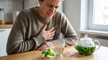 Mujer con suéter marrón y expresión de dolor se toma el pecho, junto a una taza de té, una hoja de menta y una tetera con más hojas sobre una mesa.