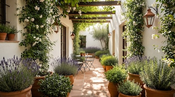 Patio con paredes blancas, suelo de terracota, pérgola de madera. Macetas de lavanda y otras plantas. Mesa de bistró y dos sillas de metal al centro.