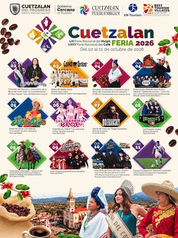Cartel promocional con fechas de conciertos, imágenes de artistas, granos de café y mujeres vestidas con indumentaria tradicional