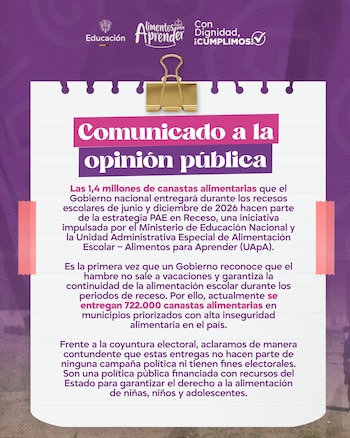 El Gobierno y la UApA anunciaron la entrega de 1,4 millones de canastas alimentarias en junio y diciembre de 2026 dentro de la estrategia PAE en Receso - UApA/X