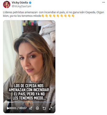 Título: Vicky Dávila rechazó amenazas de líderes petristas y aseguró que “ya no les tenemos miedo” - crédito @VickyDavilaH/X