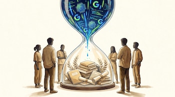 Una ilustración de un reloj de arena central con símbolos digitales (chips, código, logos Google) cayendo, y libros y diplomas acumulándose abajo, rodeado por jóvenes observando.