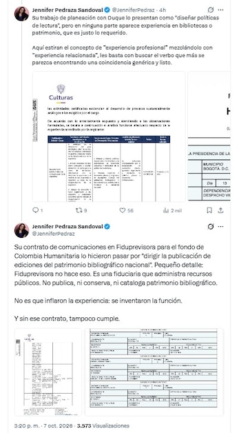 Según la denuncia, dentro del cálculo aparecen trabajos en una campaña presidencial, la Presidencia de la República y una entidad fiduciaria - crédito @JenniferPedraz/X