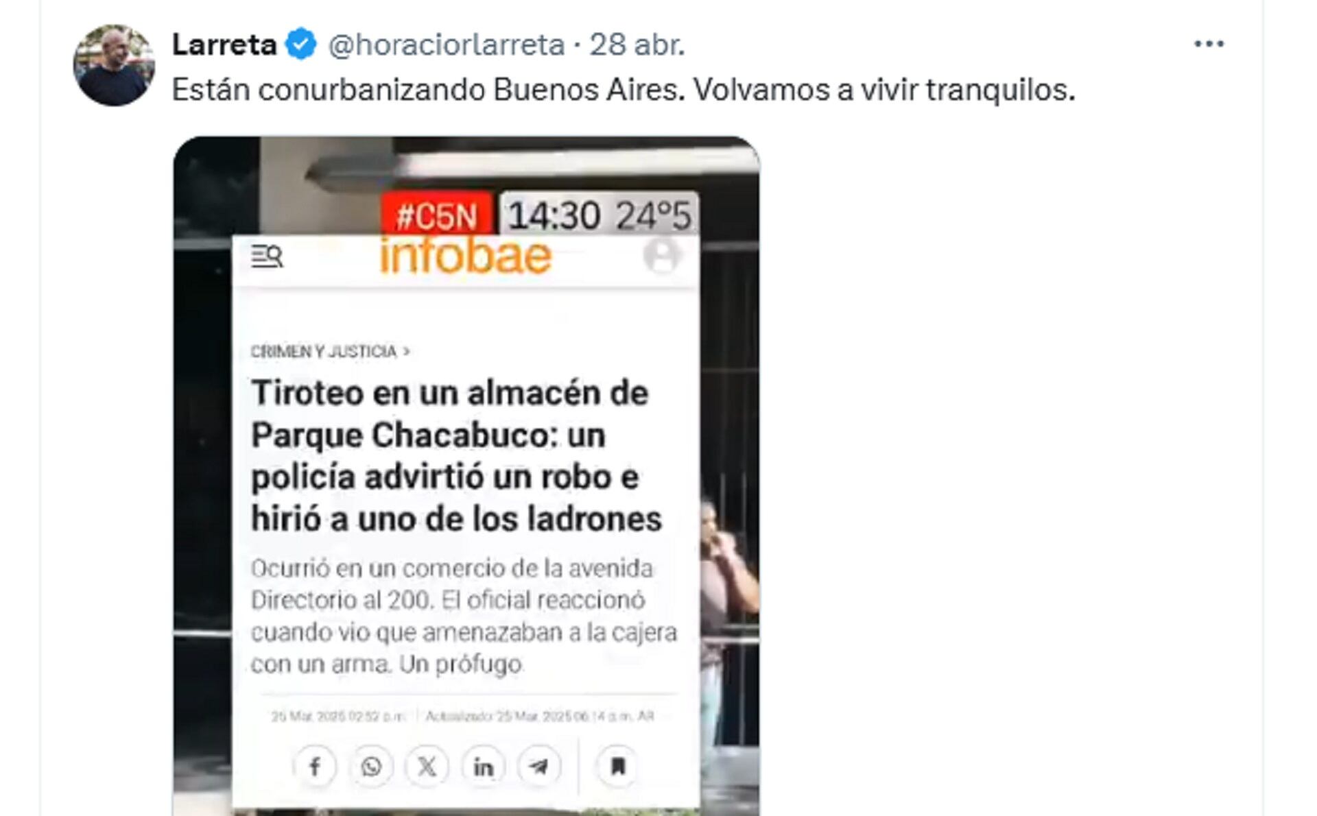 El posteo de Larreta haciendo foco en la inseguridad