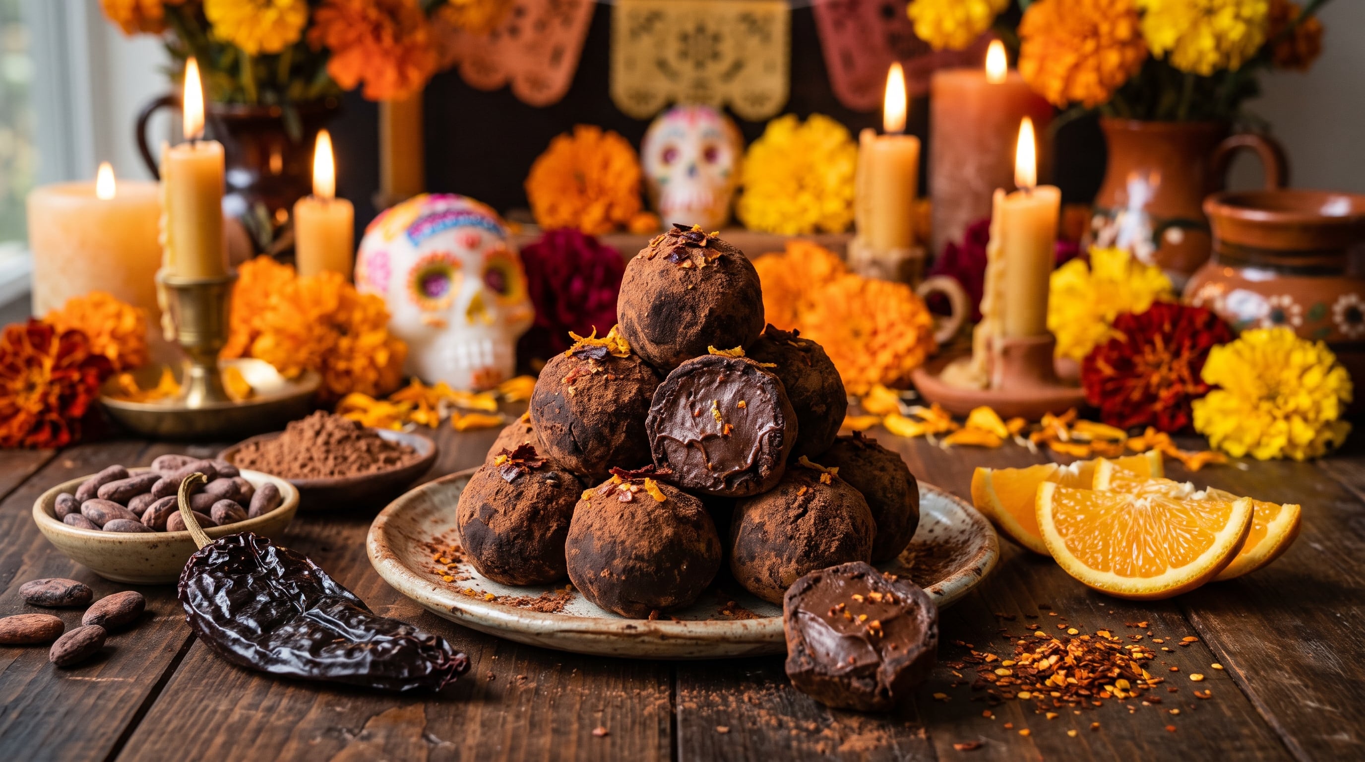 Un plato con trufas de chocolate aromatizadas con chile y naranja reposa junto a elementos tradicionales del Día de Muertos como flores de cempasúchil y calaveras. (Imagen Ilustrativa Infobae)