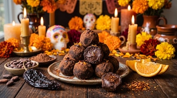 Trufas de chocolate en un plato, semillas de cacao, chile seco y rodajas de naranja ante un altar con flores de cempasúchil, calaveras y velas.