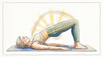 Ilustración de una persona apoyada en el suelo elevando las caderas sobre una esterilla entre líneas doradas en forma de arco.