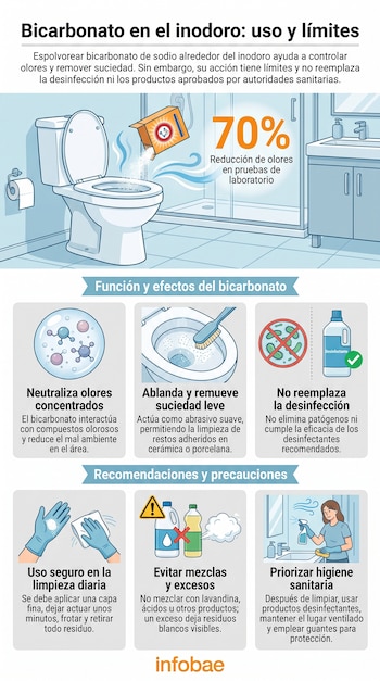 Infografía sobre bicarbonato de sodio con ilustraciones de un inodoro, un lavabo, productos de limpieza, manos con guantes, y texto explicativo.