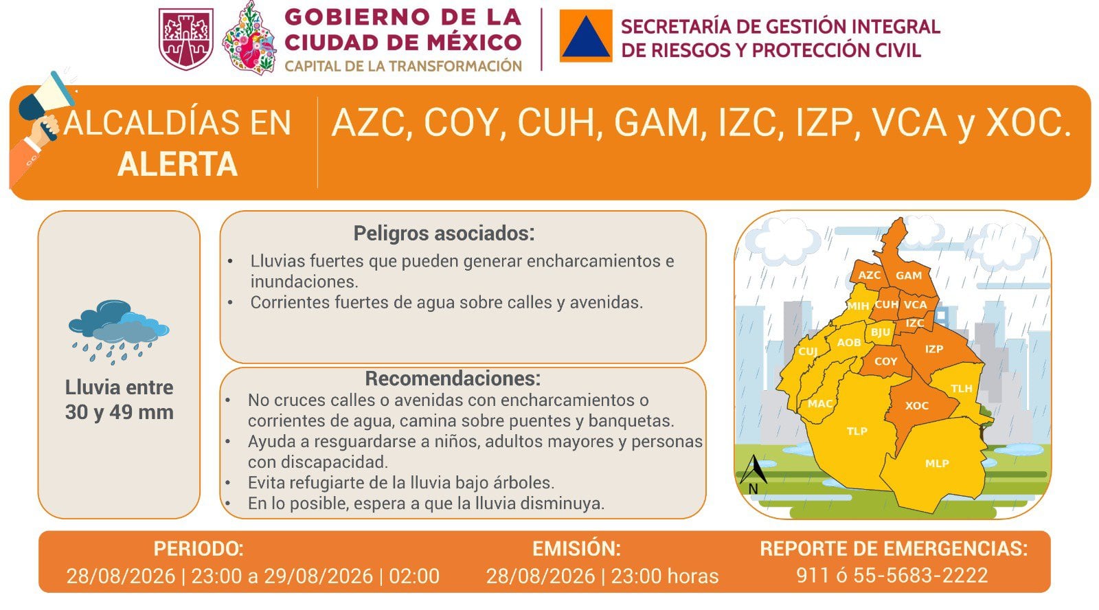 La Secretaría de Gestión Integral de Riesgos de la Ciudad de México emite alerta por lluvias de entre 30 y 49 milímetros en ocho alcaldías para la noche del 28 de agosto. (Secretaría de Gestión Integral de Riegos y Protección Civil)