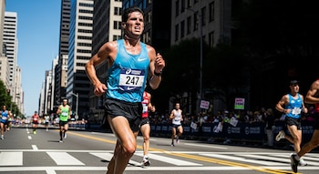 Un corredor con camiseta azul y dorsal 247, visiblemente sudoroso, avanza por una calle urbana flanqueada por rascacielos y con otros atletas al fondo.