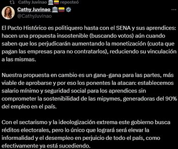 Cathy Juvinao se despachó contra el Gobierno por la reforma laboral - crédito @CathyJuvinao/X