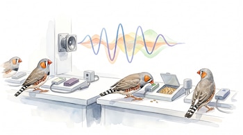Ilustración de cuatro pinzones cebra en un laboratorio con un altavoz, ondas sonoras de colores y recipientes con semillas.