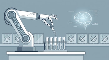 Ilustración de un brazo robótico manipulando tubos de ensayo con líquido en un laboratorio. Al fondo, cajas con el símbolo de ratón tachado y un cerebro digital brillante.