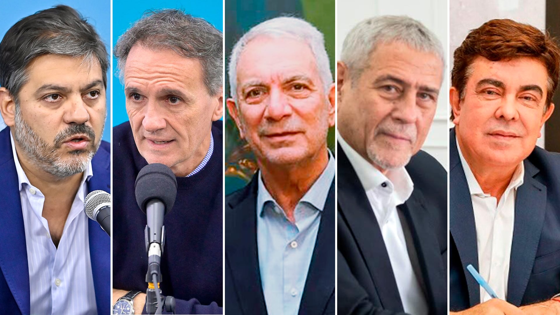 Carlos Bianco, Gabriel Katopodis, Julio Alak, Jorge Ferraresi y Fernando Espinoza, candidatos a gobernador del Partido Justicialista en la Provincia de Buenos Aires.