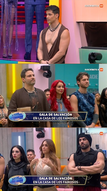 Panel triple con participantes de un reality show en un escenario, un banner con el logo La Casa de los Famosos México y texto Gala de Salvación