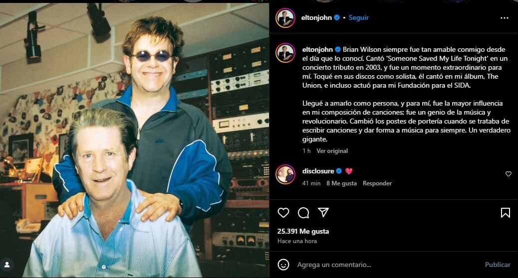 Elton John afirmó que Brian Wilson fue su mayor influencia para componer. (Instagram/Elton John)