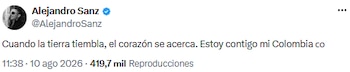Alejandro Sanz y artistas del mundo: mensajes de apoyo tras el terremoto en Colombia - crédito @AlejandroSanz/X