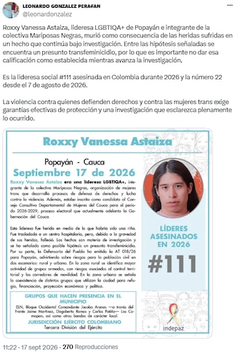 Director de Indepaz reclamó esclarecer la muerte de Roxxy Astaiza en Popayán - crédito @leonardonzalez/X