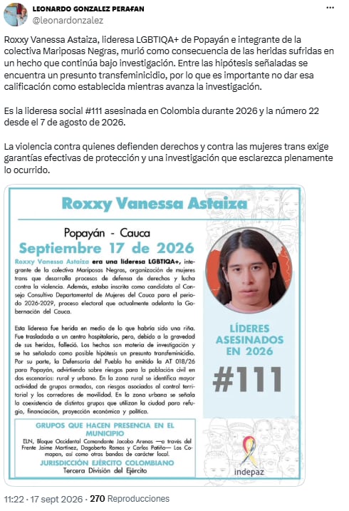 Director de Indepaz reclamó esclarecer la muerte de Roxxy Astaiza en Popayán - crédito @leonardonzalez/X