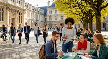 Jóvenes estudiantes sentados en mesas al aire libre con libros y mapas en un campus universitario con edificios históricos y árboles. Otros caminan y andan en bicicleta.