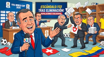 Caricatura de Javier Hernández Bonett con micrófono, directivos de FCF discutiendo, papeles volando, balones, banderas de Colombia y Suiza, logo FIFA World Cup 2026.