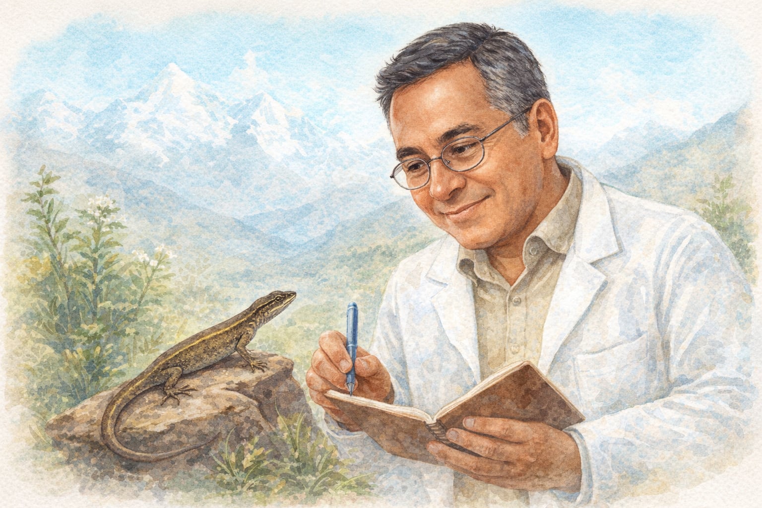 El herpetólogo peruano Dr. César Aguilar, retratado en una ilustración, observa a la lagartija Stenocercus aguilari con la Cordillera Blanca de fondo, simbolizando su dedicación científica y legado. (Imagen Ilustrativa Infobae)