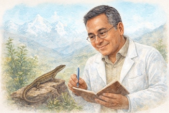 Caricatura digital del Dr. César Aguilar, con bata y cuaderno, sonriendo mientras observa una lagartija Stenocercus aguilari sobre una roca. Al fondo, la Cordillera Blanca y plantas andinas.
