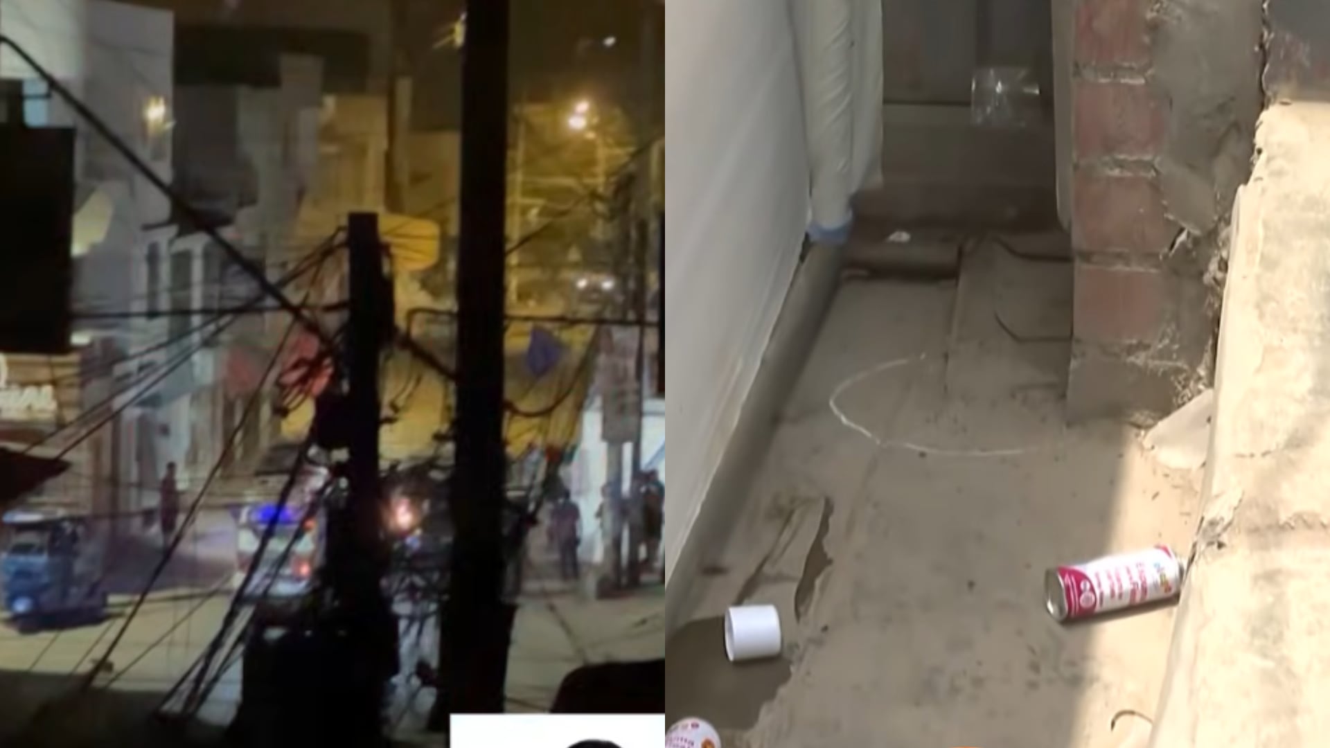 El exterior del inmueble en Jicamarca evidencia la calle y los restos en el suelo tras el tiroteo contra los asistentes a una celebración familiar. (Composición: Infobae Perú / Latina Noticias)