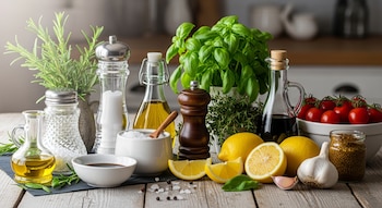 Primer plano de saleros, molinillos, aceite y vinagre. Alrededor, hierbas frescas como albahaca y romero, limones, tomates cherry y ajos sobre una mesa de madera.