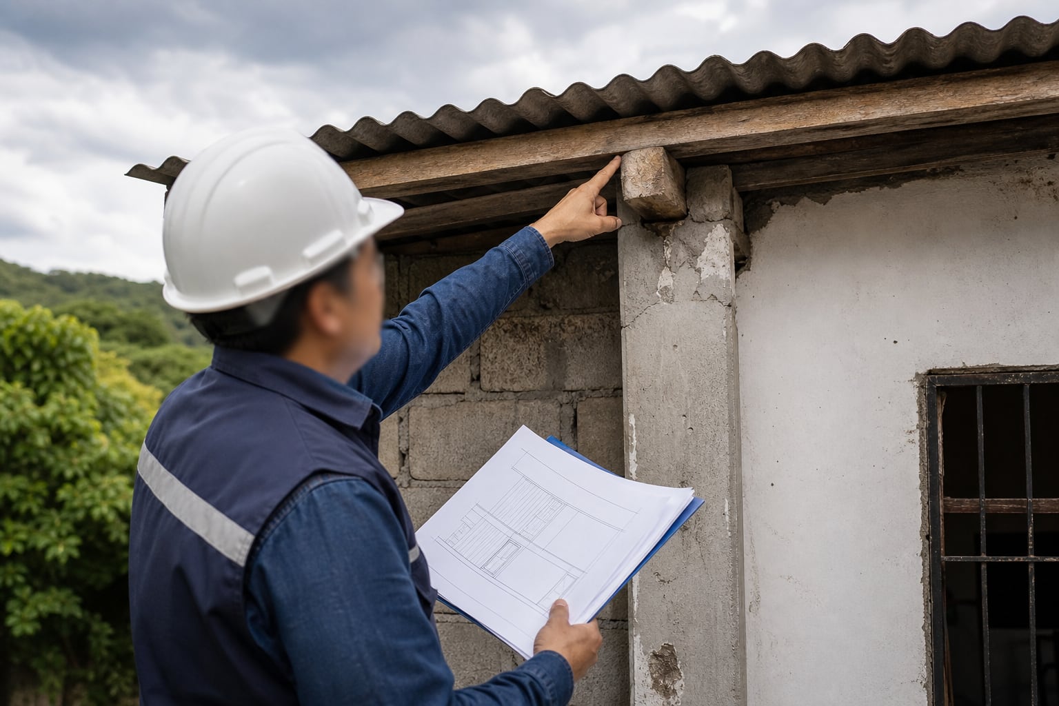 Un inspector técnico evalúa la estructura del techo de una vivienda mediante una revisión de sus vigas y planos. (Imagen Ilustrativa Infobae)