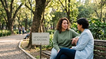 Dos mujeres conversan sentadas en un banco de madera dentro de un parque arbolado, al lado de un cartel con el texto «Escuchar es apoyar».