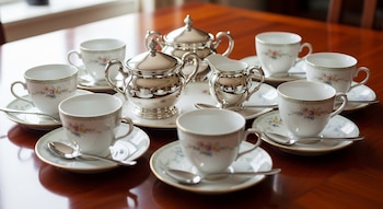 Ocho tazas y ocho platillos de porcelana con diseño floral sobre una mesa de madera. Un juego de café de plata con tetera, azucarero y lechera al centro.