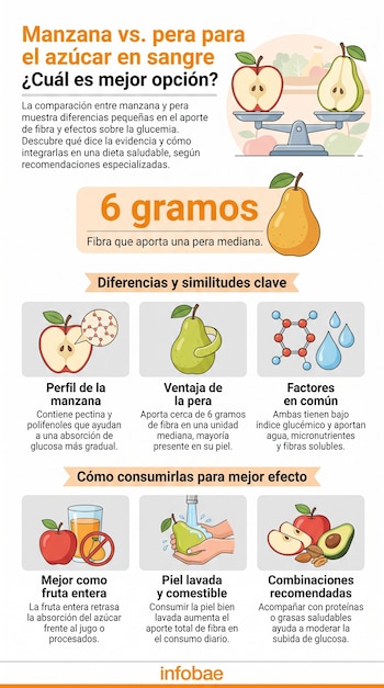 Infografía ilustrada sobre la manzana y la pera, con una balanza en la parte superior, íconos explicativos y el logotipo de Infobae.