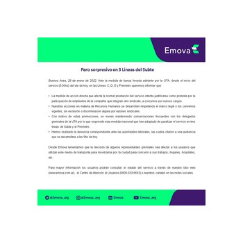 Comunicado de Emova sobre el