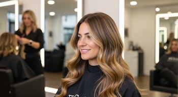 Mujer de cabello largo con ondas rubias sentada en una silla de peluquería. Al fondo, una peluquera atiende a otra persona y hay espejos.