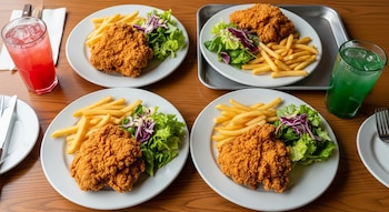 Cuatro platos individuales con pollo frito, papas fritas y ensalada; dos vasos con bebidas de color rojo y verde; cubiertos; mesa de madera.