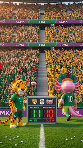 Un jaguar con camiseta de fútbol mexicana y un ajolote rosa con cresta multicolor en un campo de fútbol con un marcador digital mostrando "Ajolote (CDMX) - OUT" y "Zayu (MEX) - IN", rodeados de un estadio lleno de aficionados