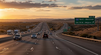 Vista de una autopista de seis carriles con tráfico de vehículos al atardecer, dividiéndose en dos direcciones. Un letrero indica Barstow y Mojave.