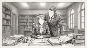 Dibujo a lápiz muestra mujer sentada en escritorio con papeles y hombre de pie detrás. Fondo de estanterías, documentos y ventanales. Personajes sin rostro.