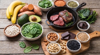 Mesa de madera con plátanos, batatas, aguacate, espinacas, frijoles blancos, lentejas, semillas de calabaza, bistecs, chocolate, almendras, anacardos, frijoles negros y trigo.