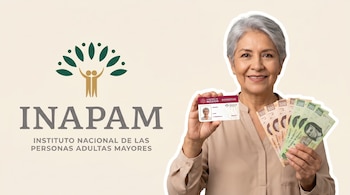 Mujer adulta mayor mexicana con cabello gris sonriendo, mostrando su credencial INAPAM y billetes de 200 y 500 pesos, con el logo de INAPAM al fondo.